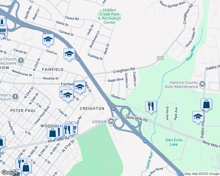 map of restaurants, bars, coffee shops, grocery stores, and more near 2406 Pickering Boulevard in Richmond