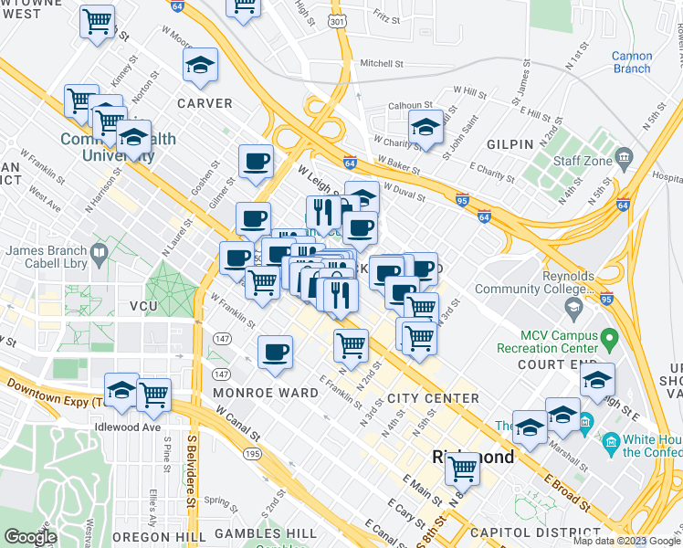 map of restaurants, bars, coffee shops, grocery stores, and more near 110 West Marshall Street in Richmond