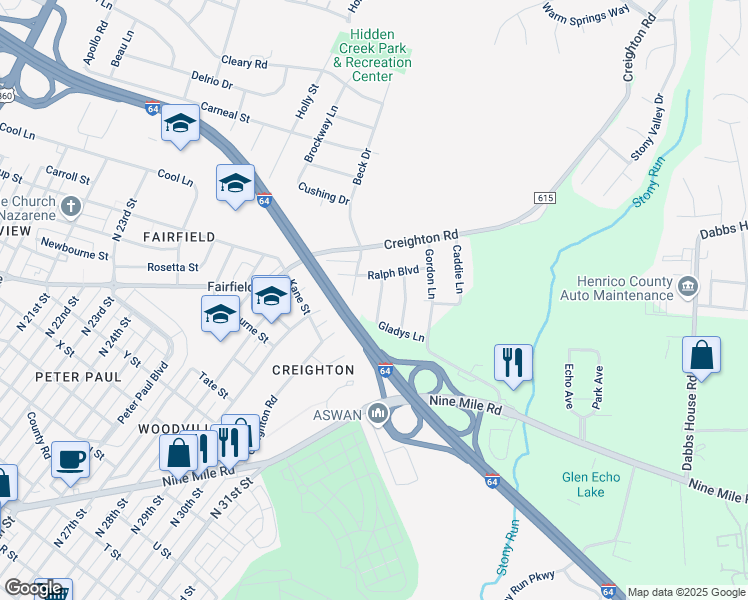 map of restaurants, bars, coffee shops, grocery stores, and more near 2406 Pickering Boulevard in Richmond
