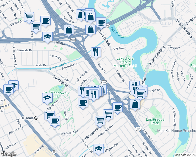 map of restaurants, bars, coffee shops, grocery stores, and more near 1205 Wayne Way in San Mateo