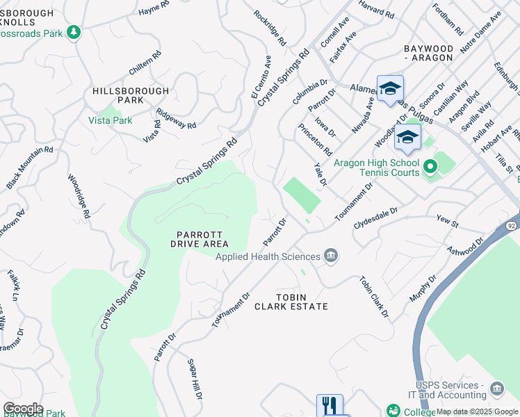 map of restaurants, bars, coffee shops, grocery stores, and more near 30 Melrose Court in Hillsborough
