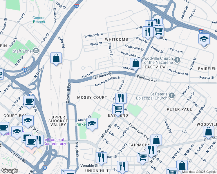 map of restaurants, bars, coffee shops, grocery stores, and more near 2108 Richmond Street in Richmond