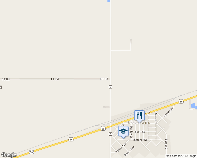 map of restaurants, bars, coffee shops, grocery stores, and more near F F Road in Copeland