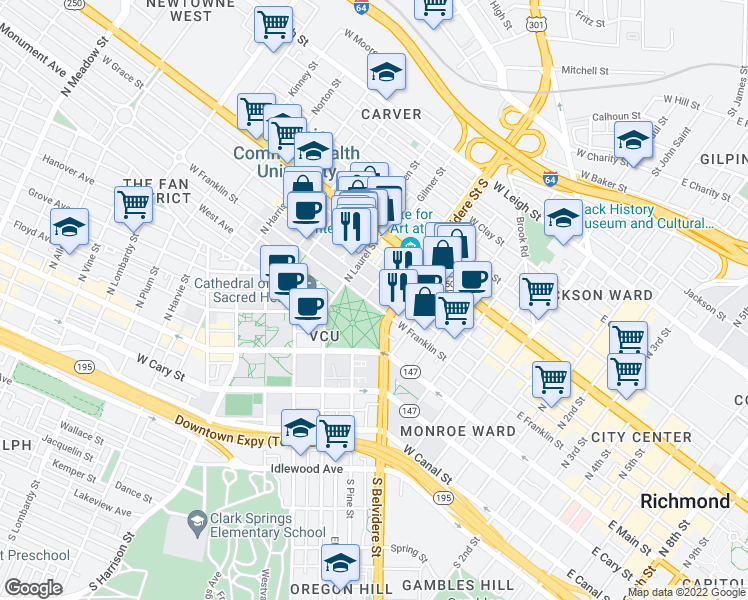map of restaurants, bars, coffee shops, grocery stores, and more near 612 West Franklin Street in Richmond