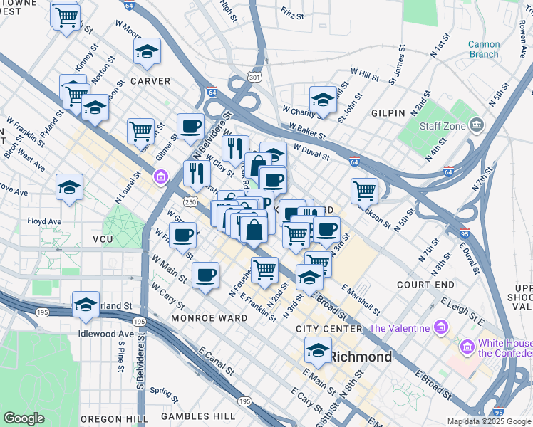 map of restaurants, bars, coffee shops, grocery stores, and more near 408 North Adams Street in Richmond