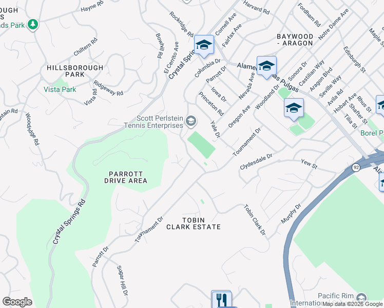 map of restaurants, bars, coffee shops, grocery stores, and more near 893 Parrott Drive in San Mateo