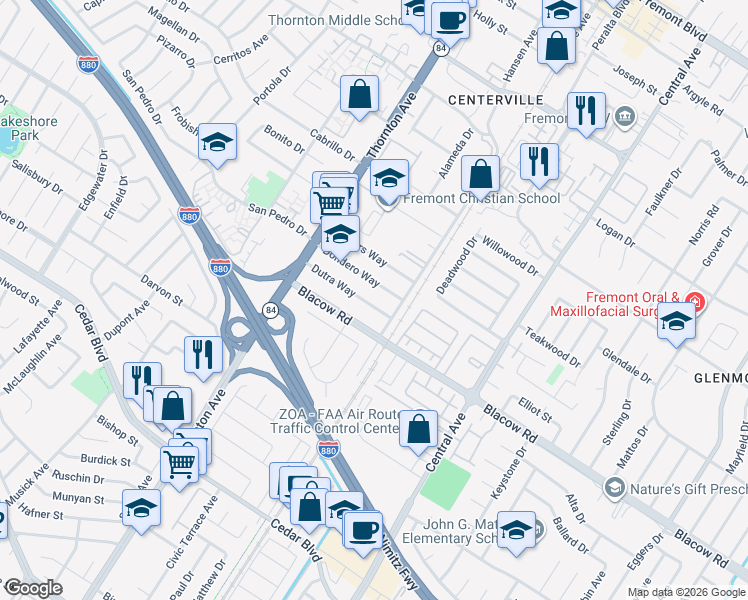 map of restaurants, bars, coffee shops, grocery stores, and more near 37226 Dutra Way in Fremont
