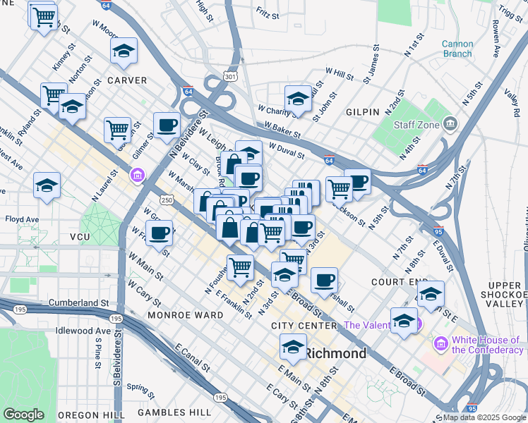 map of restaurants, bars, coffee shops, grocery stores, and more near 4 East Clay Street in Richmond