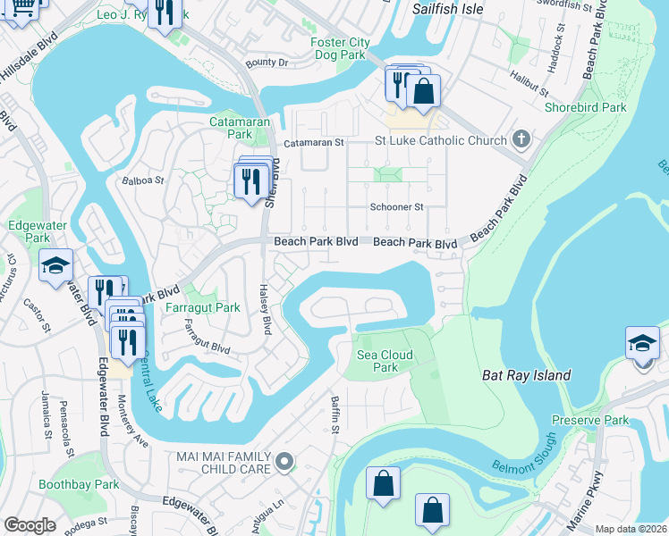 map of restaurants, bars, coffee shops, grocery stores, and more near 814 Byrd Lane in Foster City
