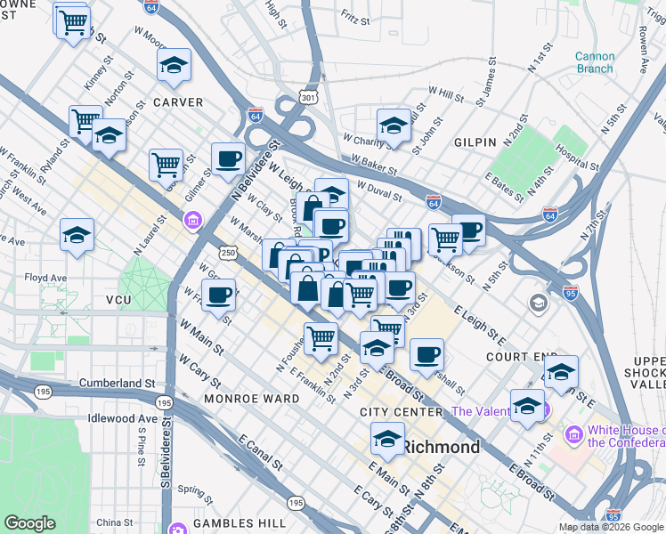 map of restaurants, bars, coffee shops, grocery stores, and more near 19 West Clay Street in Richmond