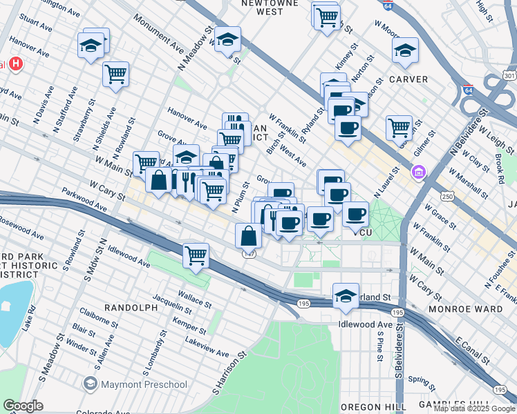map of restaurants, bars, coffee shops, grocery stores, and more near 1409 Floyd Avenue in Richmond