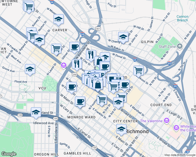 map of restaurants, bars, coffee shops, grocery stores, and more near 115 West Clay Street in Richmond