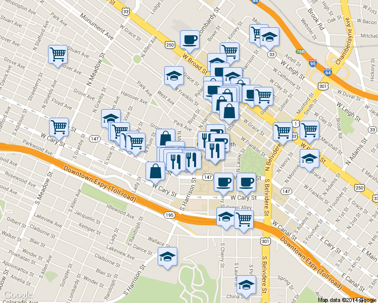 map of restaurants, bars, coffee shops, grocery stores, and more near in Richmond