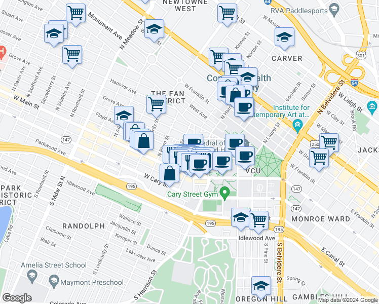 map of restaurants, bars, coffee shops, grocery stores, and more near 108 North Morris Street in Richmond
