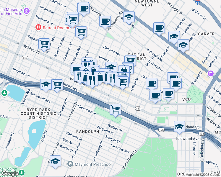 map of restaurants, bars, coffee shops, grocery stores, and more near 1721 West Main Street in Richmond