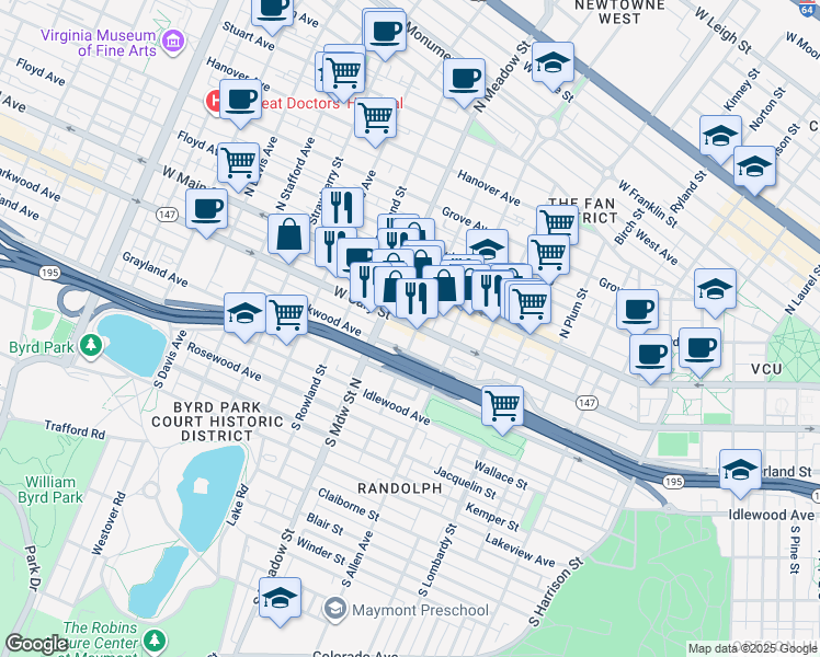 map of restaurants, bars, coffee shops, grocery stores, and more near in Richmond
