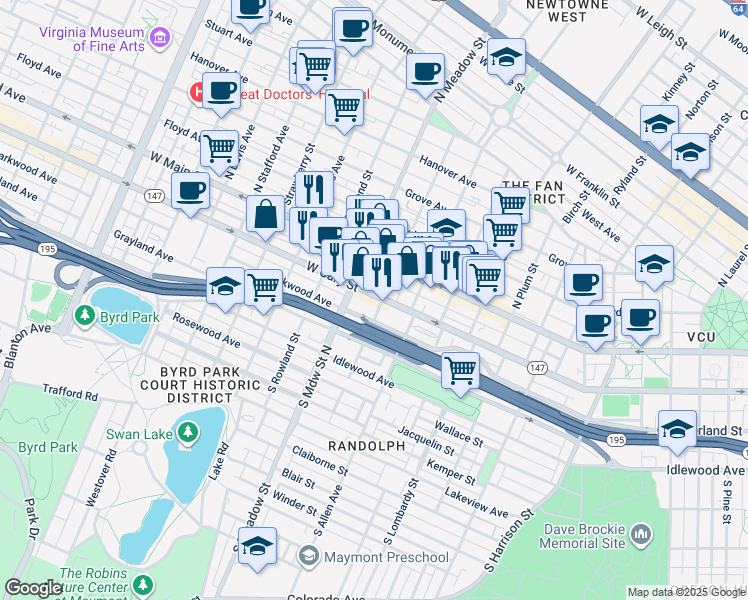 map of restaurants, bars, coffee shops, grocery stores, and more near in Richmond