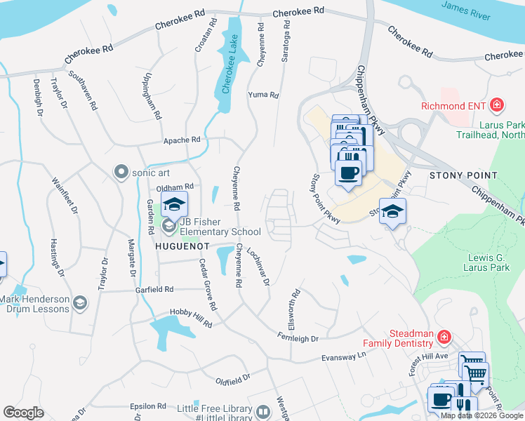 map of restaurants, bars, coffee shops, grocery stores, and more near 9462 1/2 Creek Summit Circle in Richmond