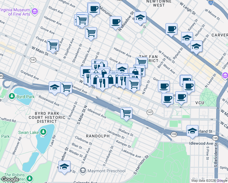 map of restaurants, bars, coffee shops, grocery stores, and more near 1721 West Main Street in Richmond
