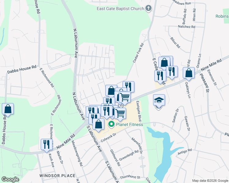 map of restaurants, bars, coffee shops, grocery stores, and more near 128 Cedar Fork Road in Richmond