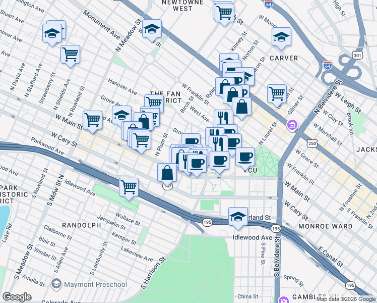 map of restaurants, bars, coffee shops, grocery stores, and more near 108 North Morris Street in Richmond