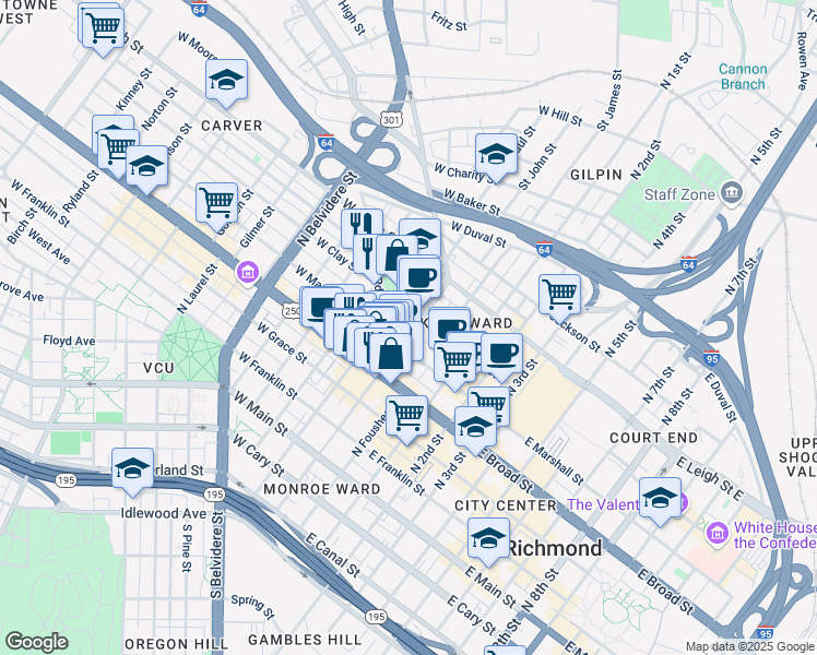 map of restaurants, bars, coffee shops, grocery stores, and more near 408 North Adams Street in Richmond