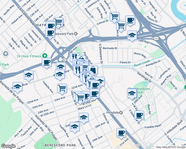 map of restaurants, bars, coffee shops, grocery stores, and more near 2163 Palm Avenue in San Mateo