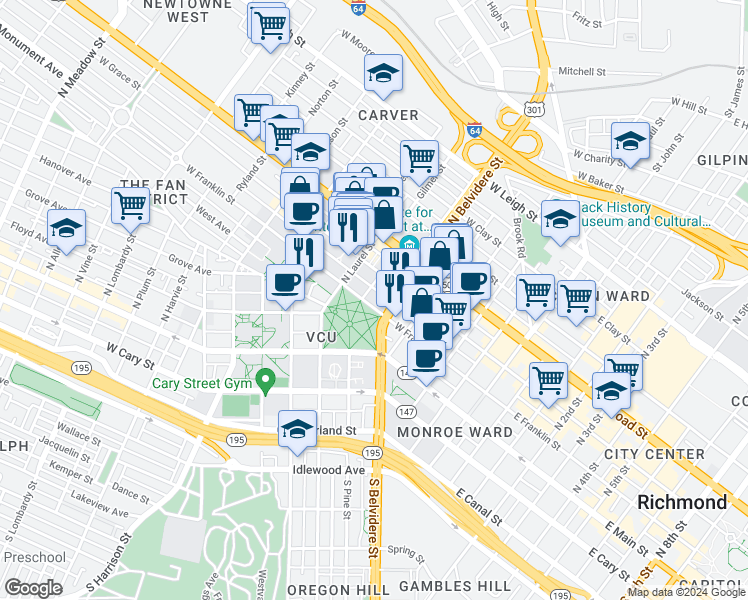 map of restaurants, bars, coffee shops, grocery stores, and more near 612 West Franklin Street in Richmond