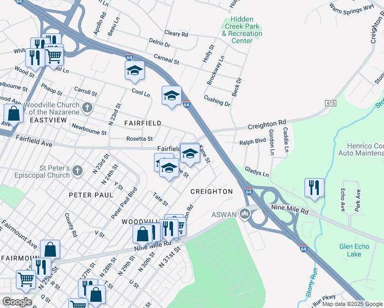 map of restaurants, bars, coffee shops, grocery stores, and more near 2204 North 28th Street in Richmond