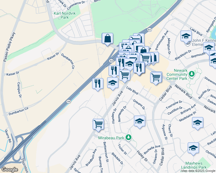 map of restaurants, bars, coffee shops, grocery stores, and more near 35461 Dumbarton Court in Newark