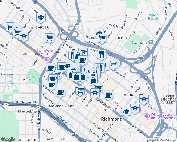 map of restaurants, bars, coffee shops, grocery stores, and more near 2 West Clay Street in Richmond