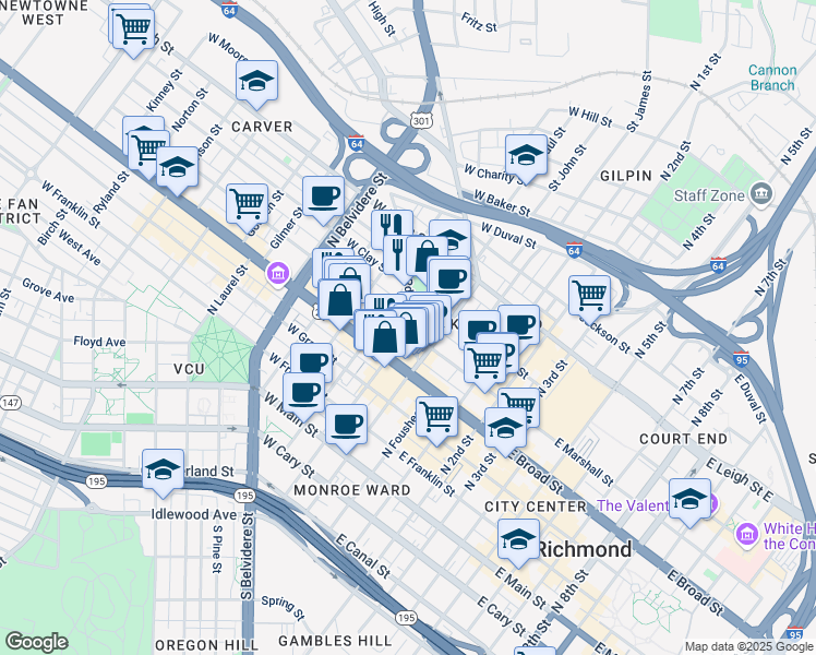 map of restaurants, bars, coffee shops, grocery stores, and more near 200 West Marshall Street in Richmond