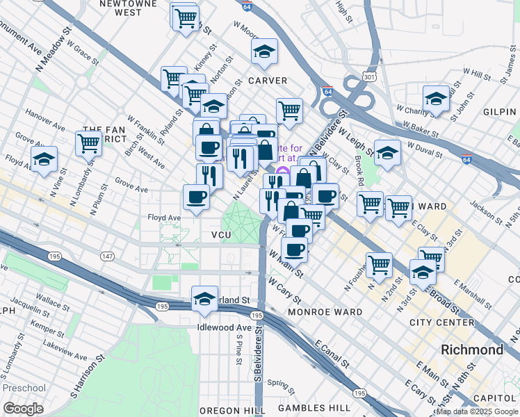 map of restaurants, bars, coffee shops, grocery stores, and more near 612 West Franklin Street in Richmond