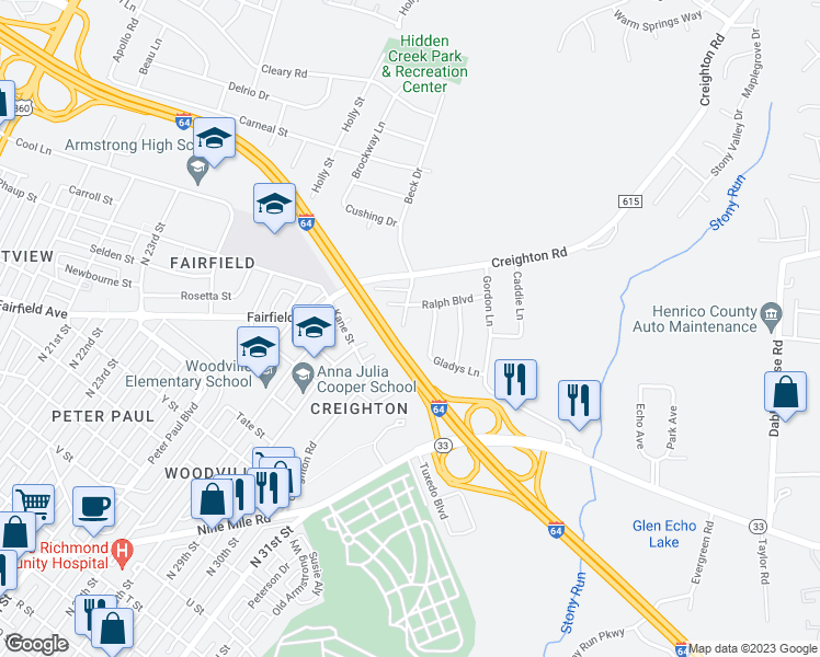 map of restaurants, bars, coffee shops, grocery stores, and more near 2405 Creighton Road in Richmond