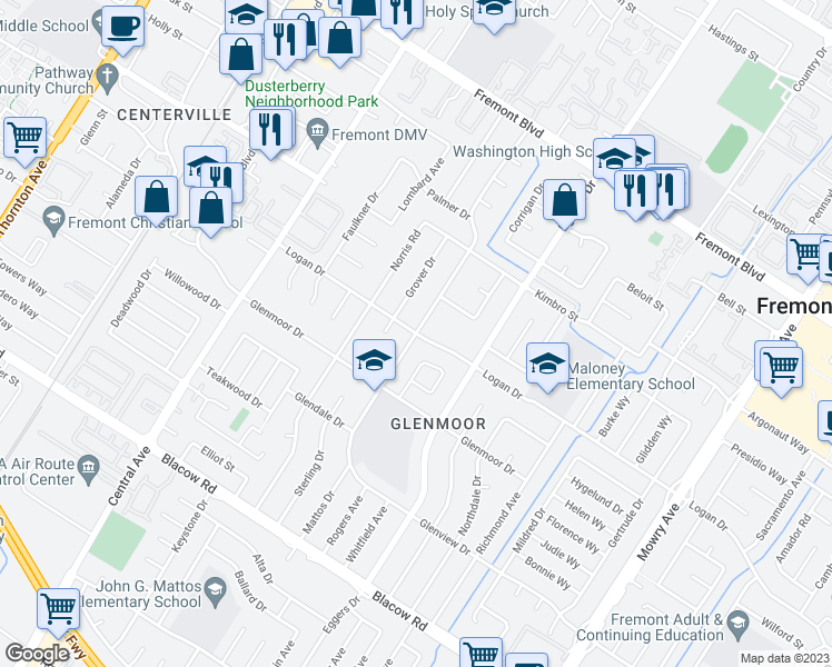 map of restaurants, bars, coffee shops, grocery stores, and more near 38199 Logan Drive in Fremont