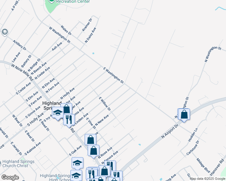 map of restaurants, bars, coffee shops, grocery stores, and more near 222 North Linden Avenue in Highland Springs