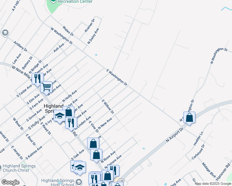 map of restaurants, bars, coffee shops, grocery stores, and more near 222 North Linden Avenue in Highland Springs