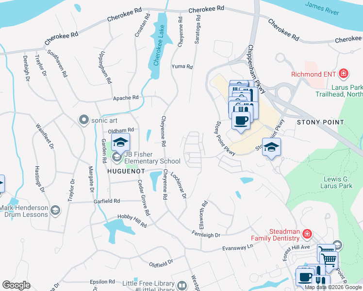 map of restaurants, bars, coffee shops, grocery stores, and more near 9462 1/2 Creek Summit Circle in Richmond