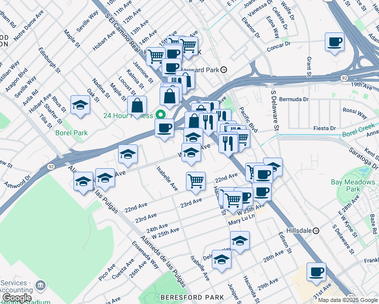 map of restaurants, bars, coffee shops, grocery stores, and more near West 20th Avenue & Elkhorn Court in San Mateo