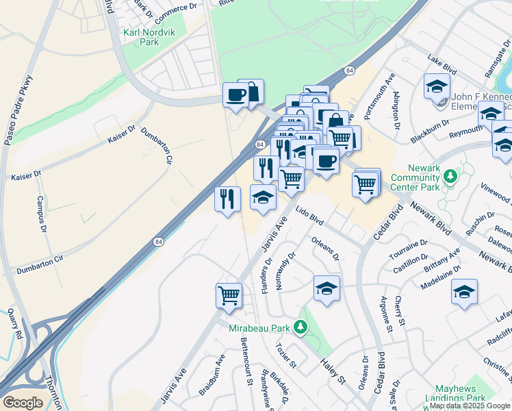 map of restaurants, bars, coffee shops, grocery stores, and more near 35465 Dumbarton Court in Newark