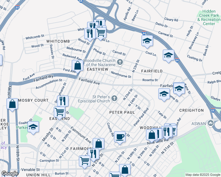 map of restaurants, bars, coffee shops, grocery stores, and more near 1810 North 21st Street in Richmond
