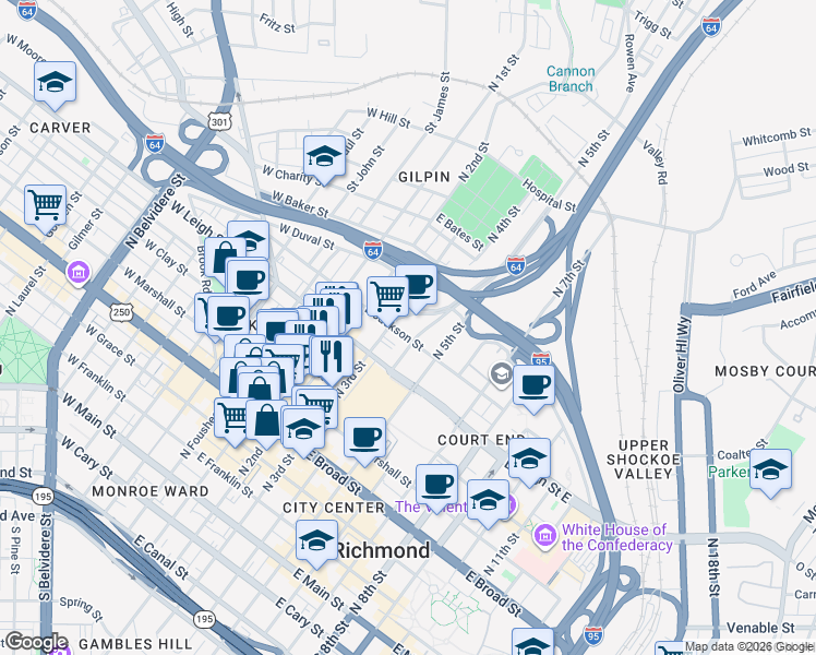 map of restaurants, bars, coffee shops, grocery stores, and more near 700 North 4th Street in Richmond