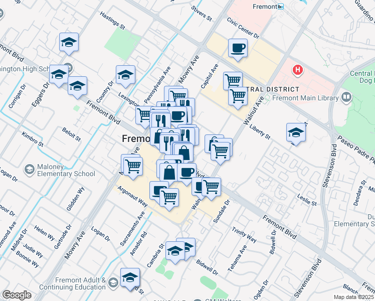 map of restaurants, bars, coffee shops, grocery stores, and more near 39138 Memorial Street in Fremont