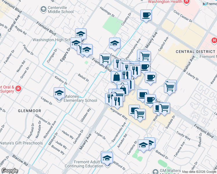 map of restaurants, bars, coffee shops, grocery stores, and more near 38845 Bell Street in Fremont