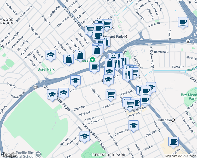 map of restaurants, bars, coffee shops, grocery stores, and more near in San Mateo