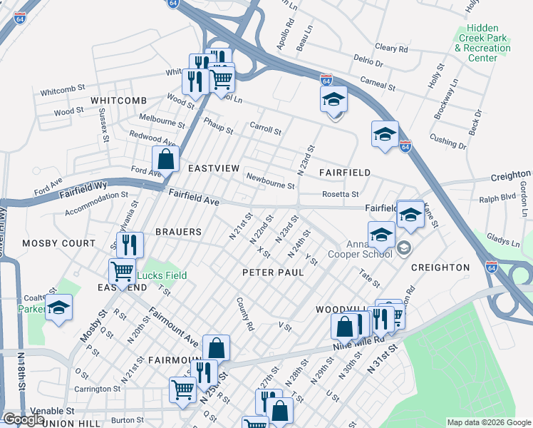 map of restaurants, bars, coffee shops, grocery stores, and more near 1917 North 22nd Street in Richmond