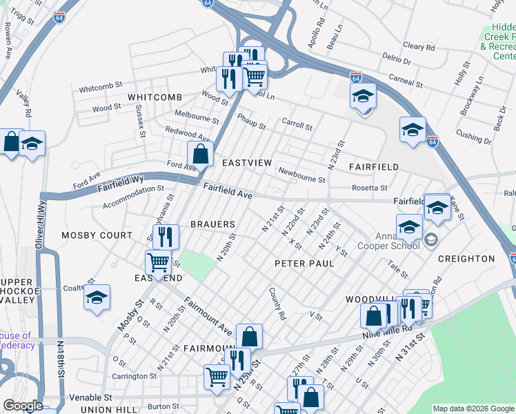 map of restaurants, bars, coffee shops, grocery stores, and more near 2015 Fairfield Avenue in Richmond