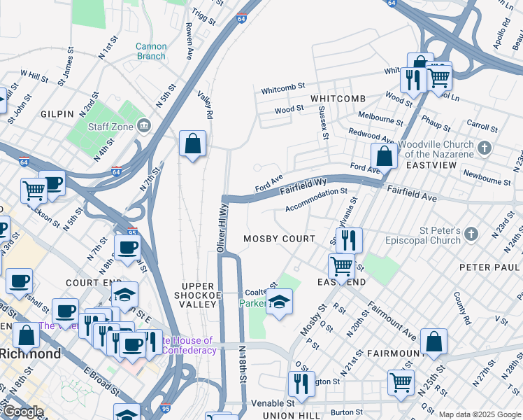 map of restaurants, bars, coffee shops, grocery stores, and more near in Richmond