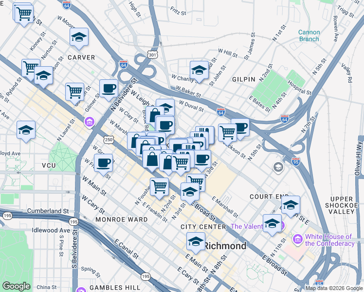 map of restaurants, bars, coffee shops, grocery stores, and more near 14 West Clay Street in Richmond