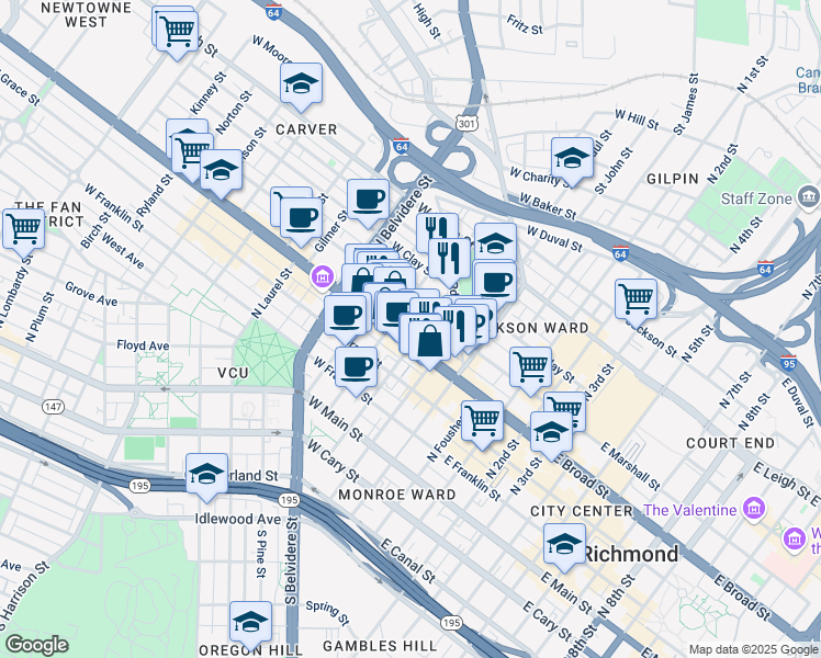 map of restaurants, bars, coffee shops, grocery stores, and more near 309 North Monroe Street in Richmond